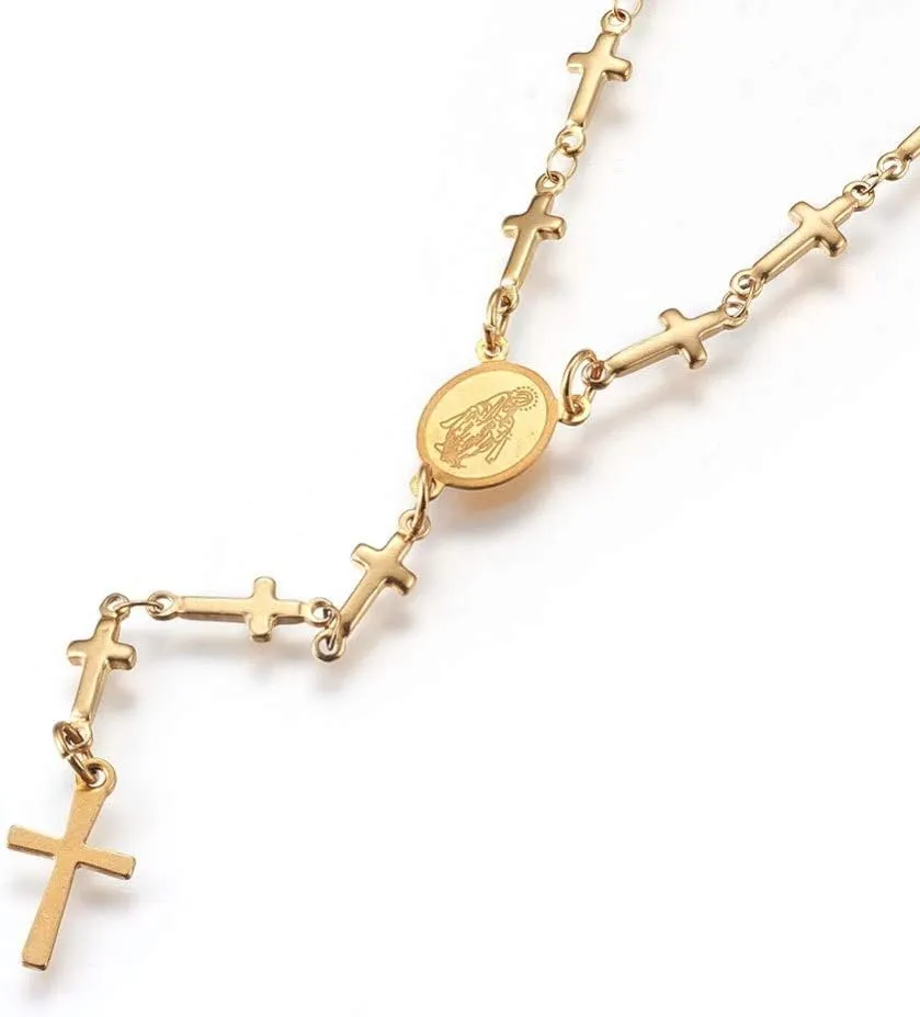 LZD Stainless Steel Rosary Bead Necklace Enamel Evil Eye Virgin Mary Cross 18" P31