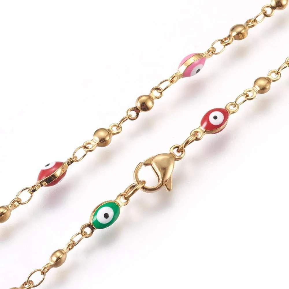 LZD Stainless Steel Rosary Bead Necklace Enamel Evil Eye Virgin Mary Cross 18" P31