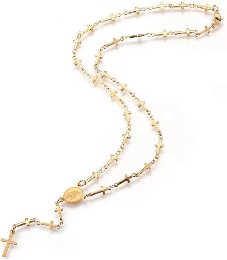 LZD Stainless Steel Rosary Bead Necklace Enamel Evil Eye Virgin Mary Cross 18" P31