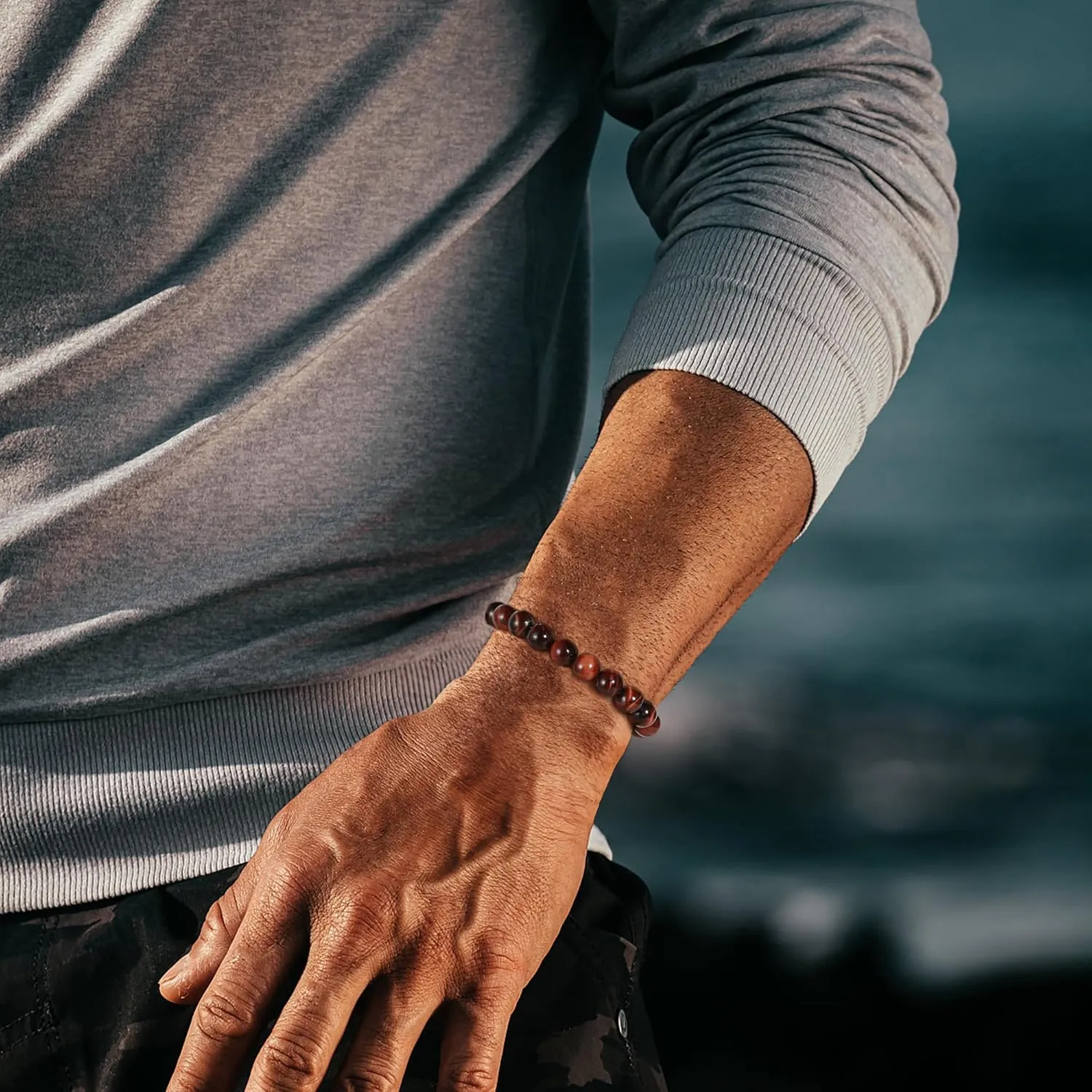 M MOOHAM Natural Stone Bracelets for Men - 8mm Tiger Eye, Matte Agate, Lava Rock - Teen Boys Gifts for Birthday, Anniversary, Christmas
