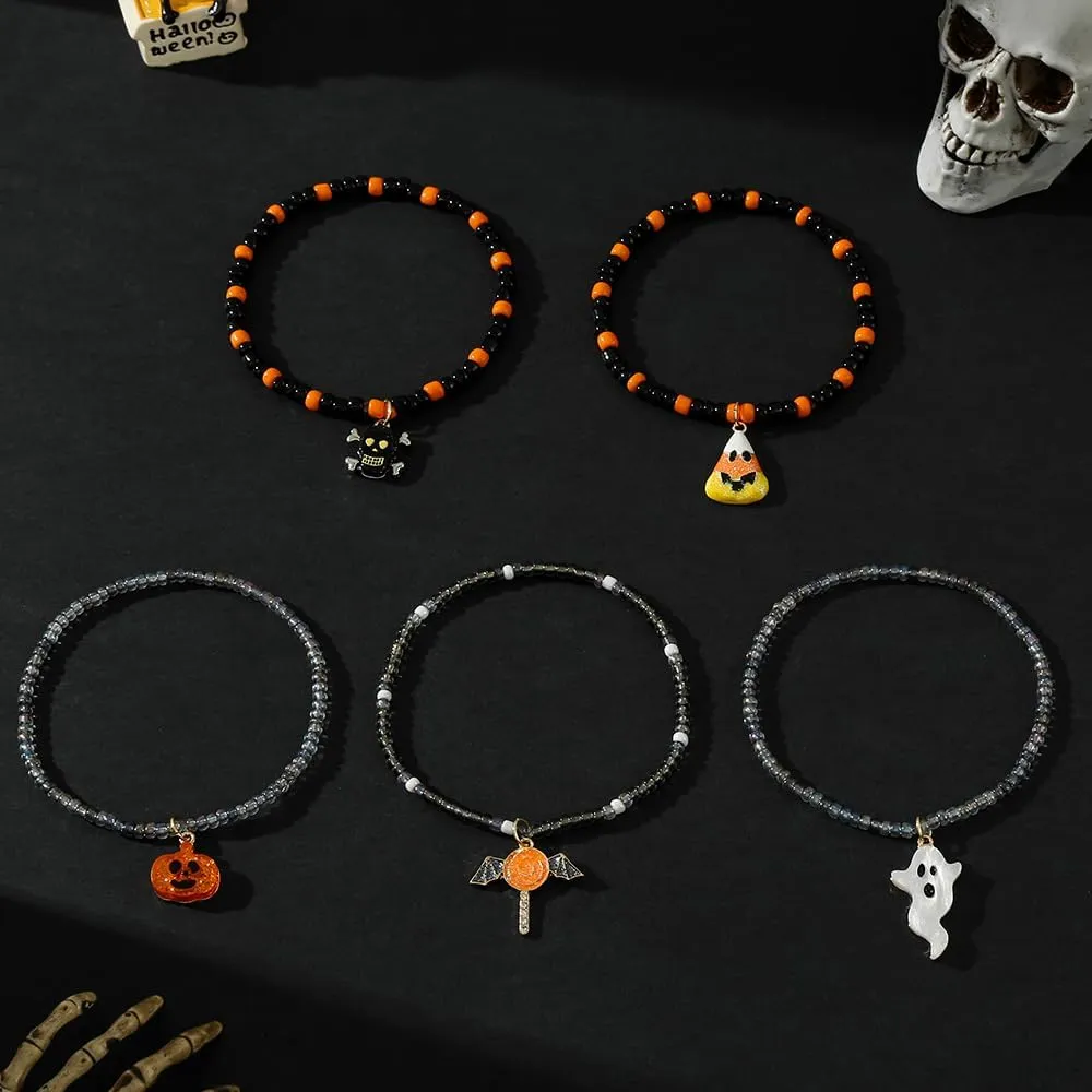 Madison Tyler Halloween Bracelet for Women | 5 Piece Cute Candy Corn Pumpkin Bat Ghost Skull Charm Beaded Bracelet Set | Halloween Party Holiday Friendship Adjustable Bracelet Jewelry