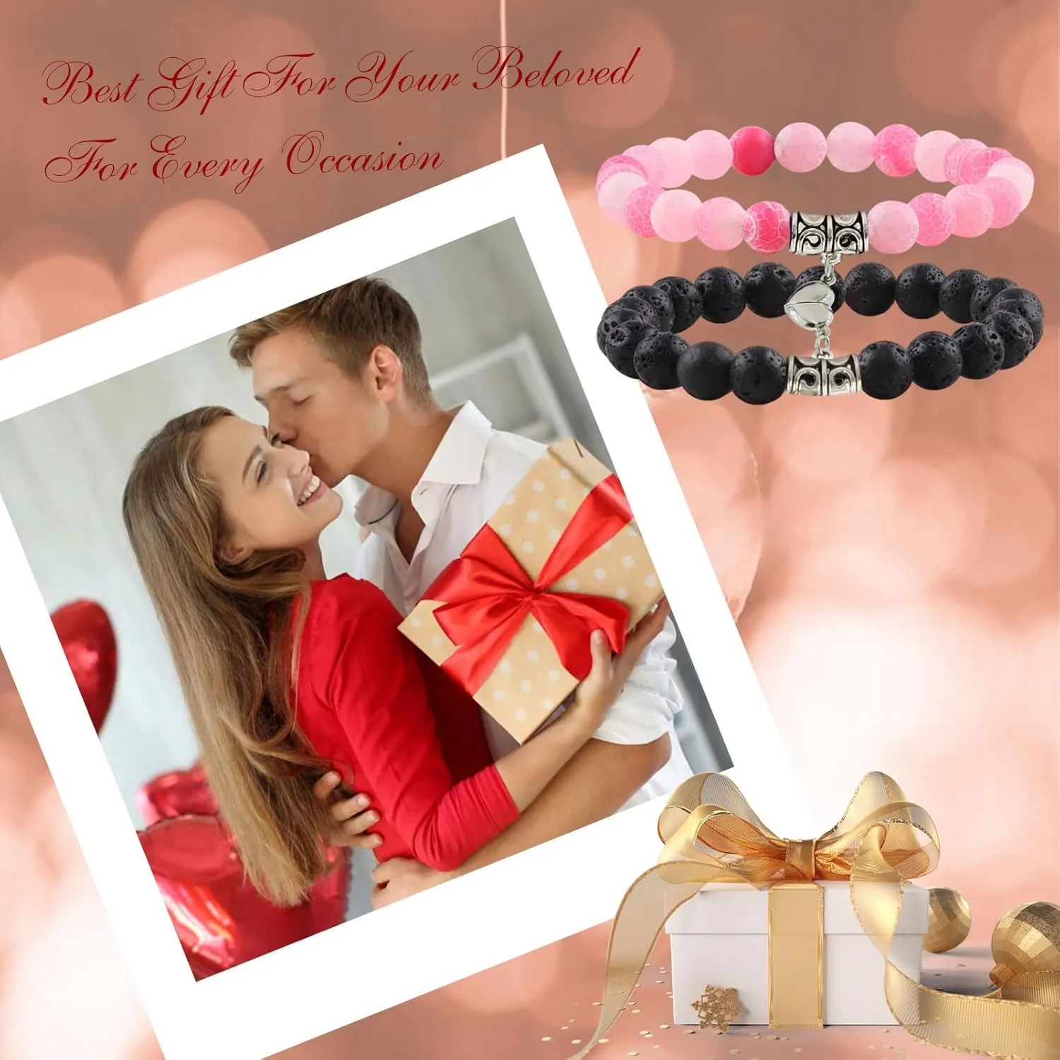 Matching Couple Bracelets Healing Crystal Bracelets for Couples Matching Heart Bracelet for Lover Him & Her Boyfriend Girlfriend Valentine's Day Gifts (Pink Weathered Agate  Black Lava Rock Stone)