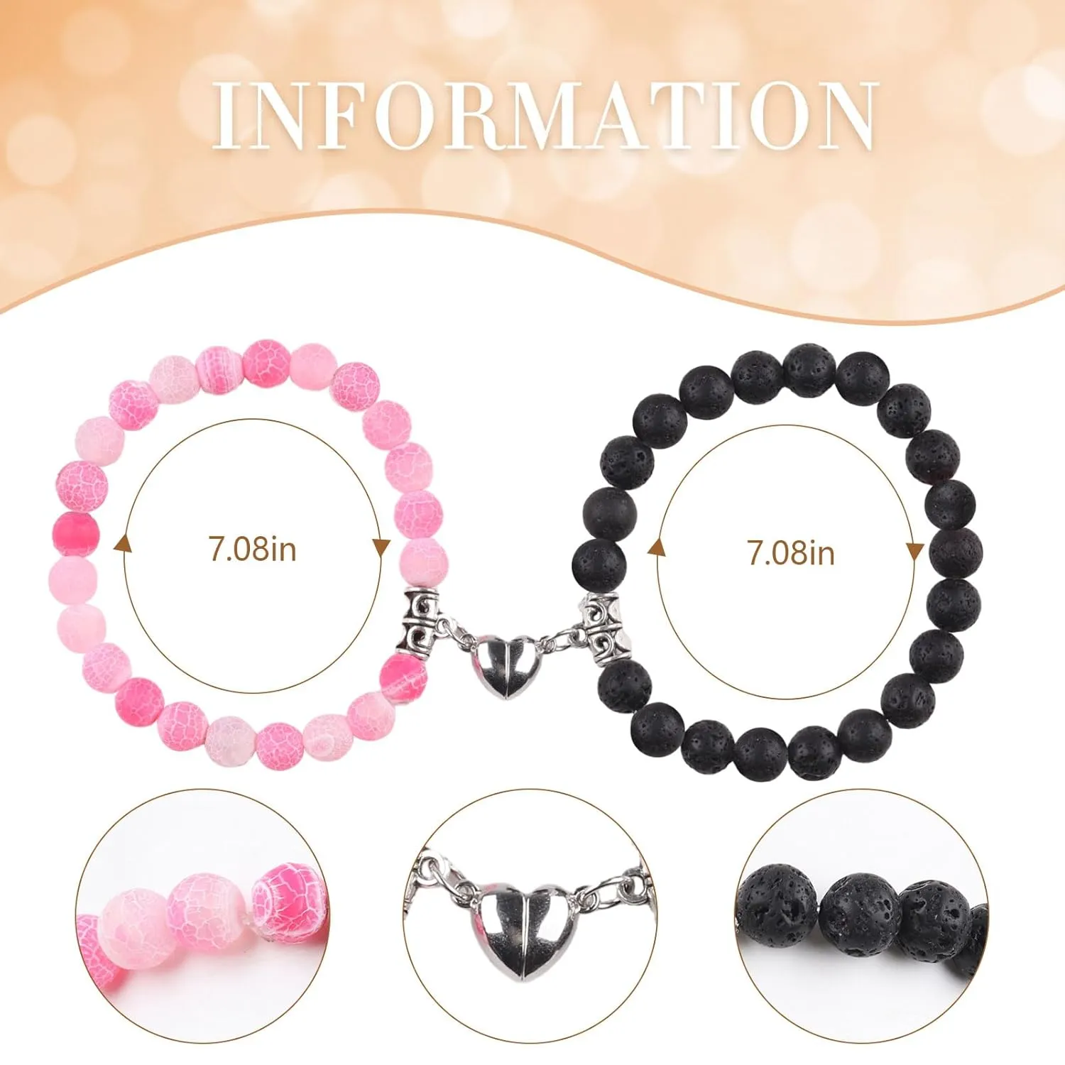 Matching Couple Bracelets Healing Crystal Bracelets for Couples Matching Heart Bracelet for Lover Him & Her Boyfriend Girlfriend Valentine's Day Gifts (Pink Weathered Agate  Black Lava Rock Stone)