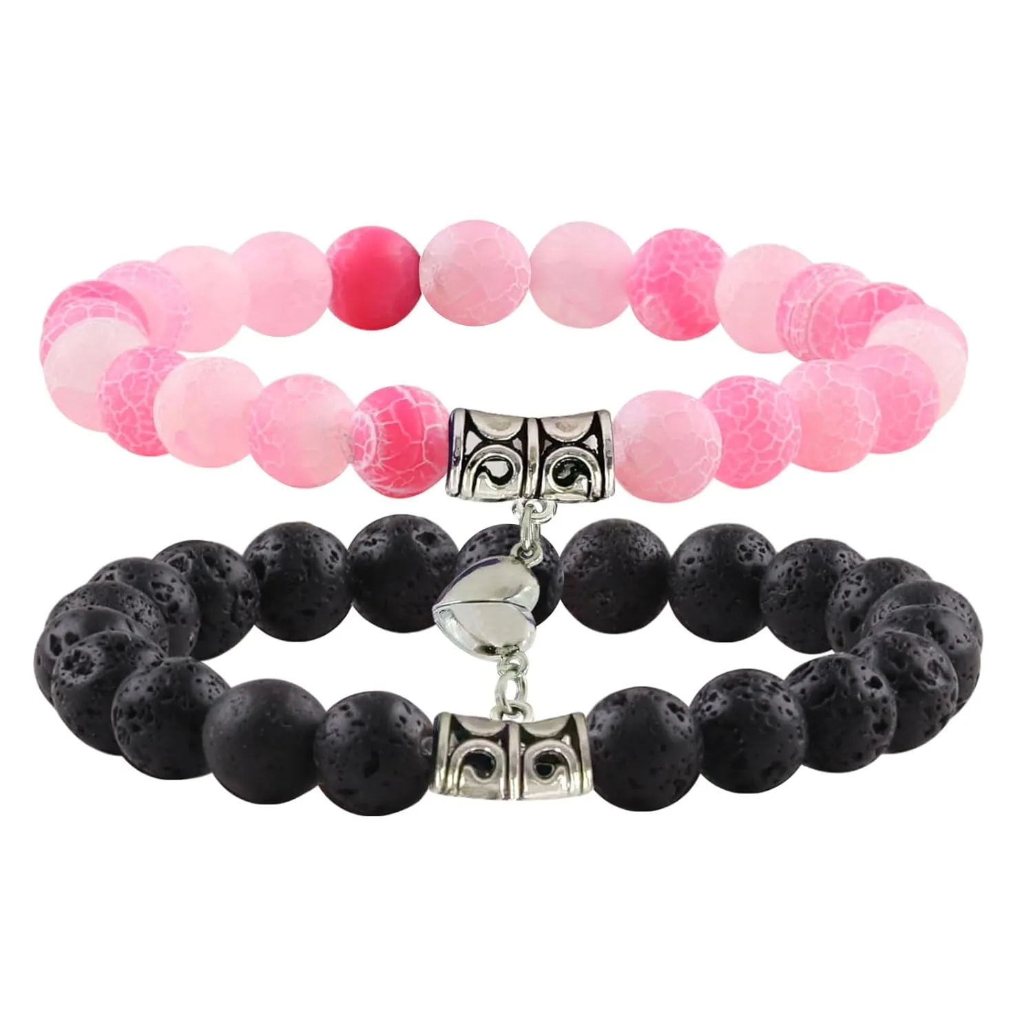 Matching Couple Bracelets Healing Crystal Bracelets for Couples Matching Heart Bracelet for Lover Him & Her Boyfriend Girlfriend Valentine's Day Gifts (Pink Weathered Agate  Black Lava Rock Stone)