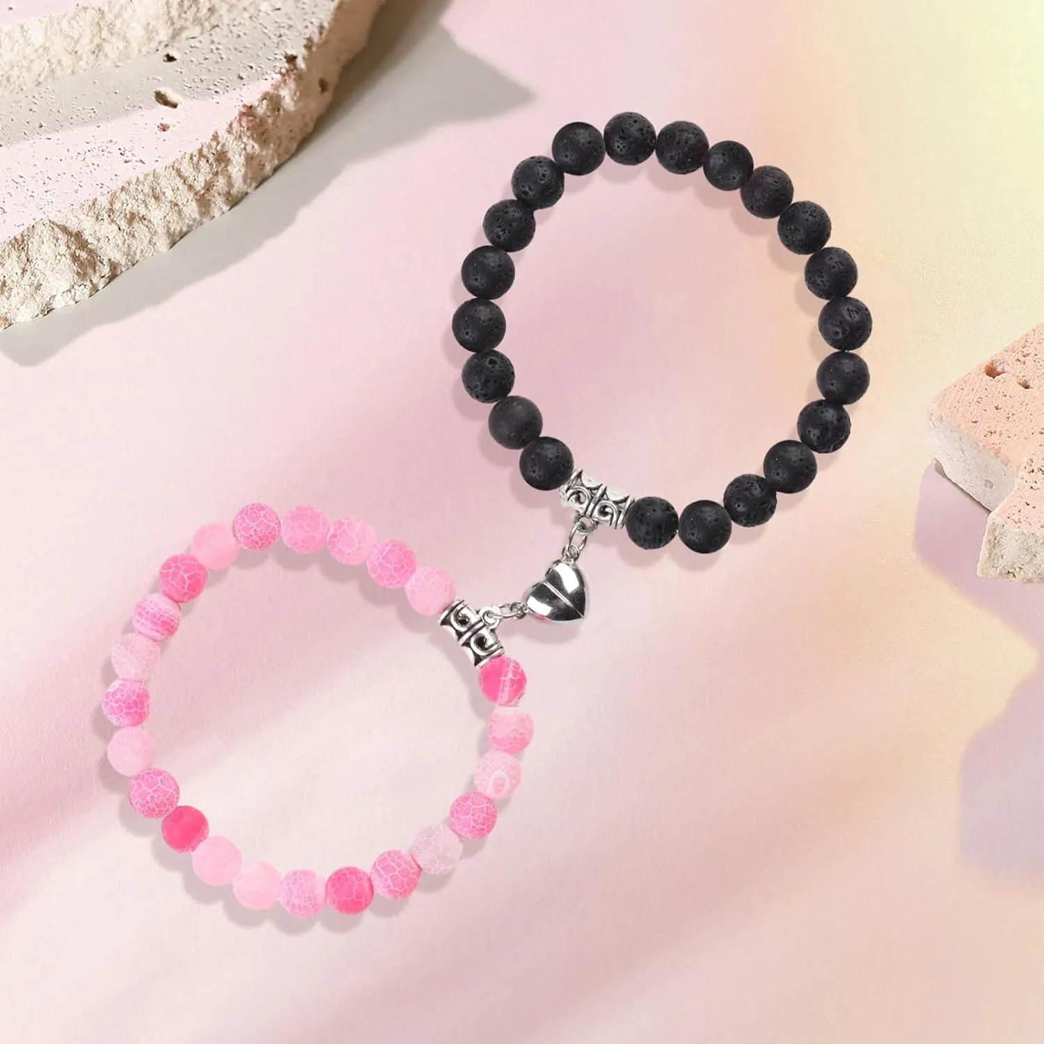 Matching Couple Bracelets Healing Crystal Bracelets for Couples Matching Heart Bracelet for Lover Him & Her Boyfriend Girlfriend Valentine's Day Gifts (Pink Weathered Agate  Black Lava Rock Stone)