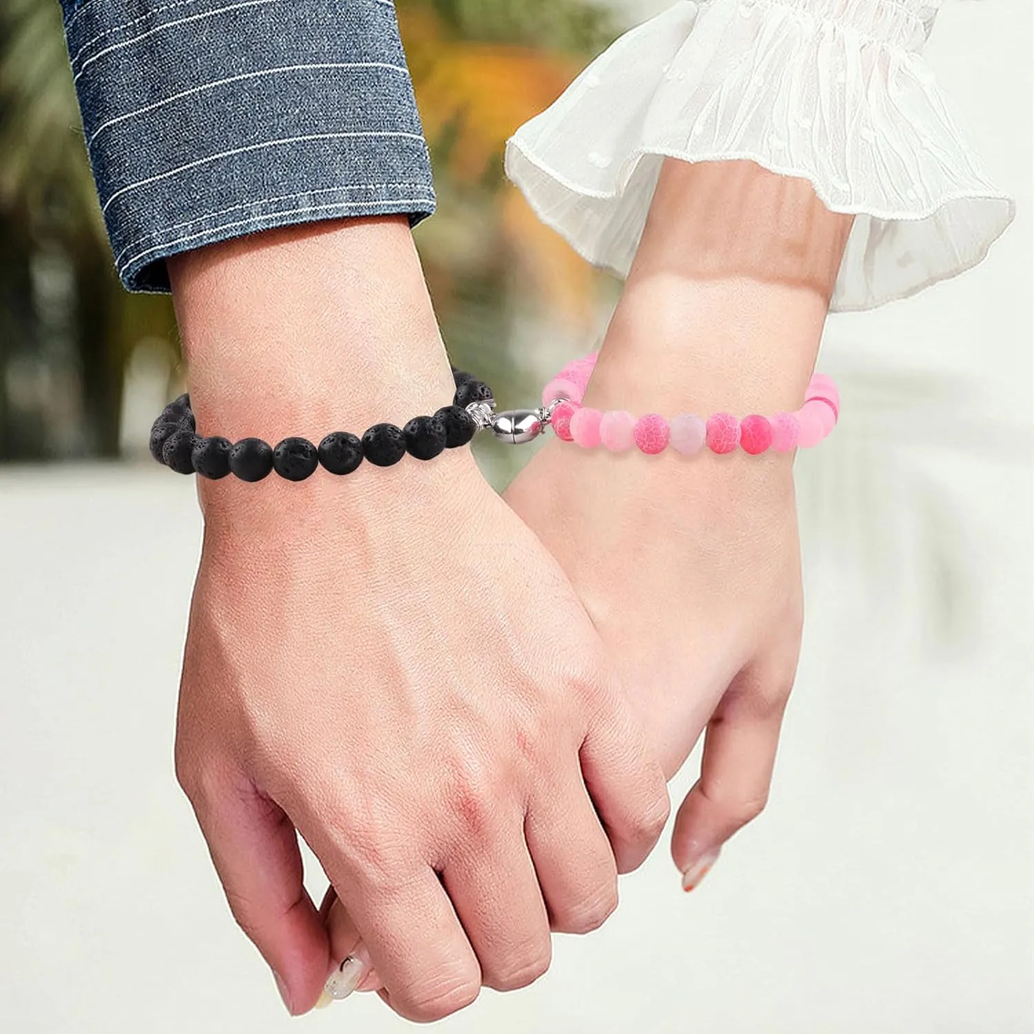 Matching Couple Bracelets Healing Crystal Bracelets for Couples Matching Heart Bracelet for Lover Him & Her Boyfriend Girlfriend Valentine's Day Gifts (Pink Weathered Agate  Black Lava Rock Stone)