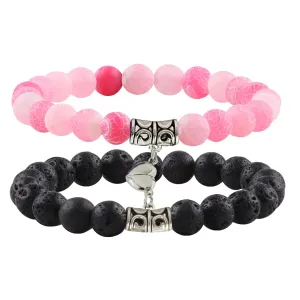 Matching Couple Bracelets Healing Crystal Bracelets for Couples Matching Heart Bracelet for Lover Him & Her Boyfriend Girlfriend Valentine's Day Gifts (Pink Weathered Agate  Black Lava Rock Stone)