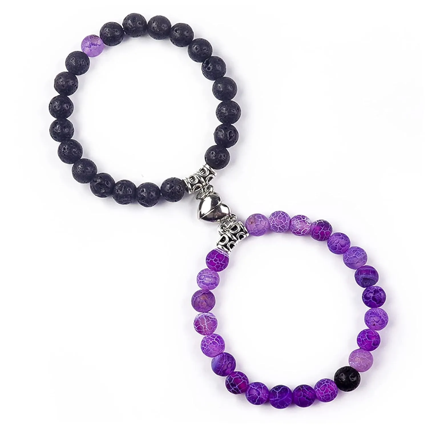 Matching Couple Bracelets Healing Crystal Bracelets for Couples Matching Heart Bracelet for Lover Him & Her Boyfriend Girlfriend Valentine's Day Gifts (Purple Weathered Agate  Black Lava Rock Stone)