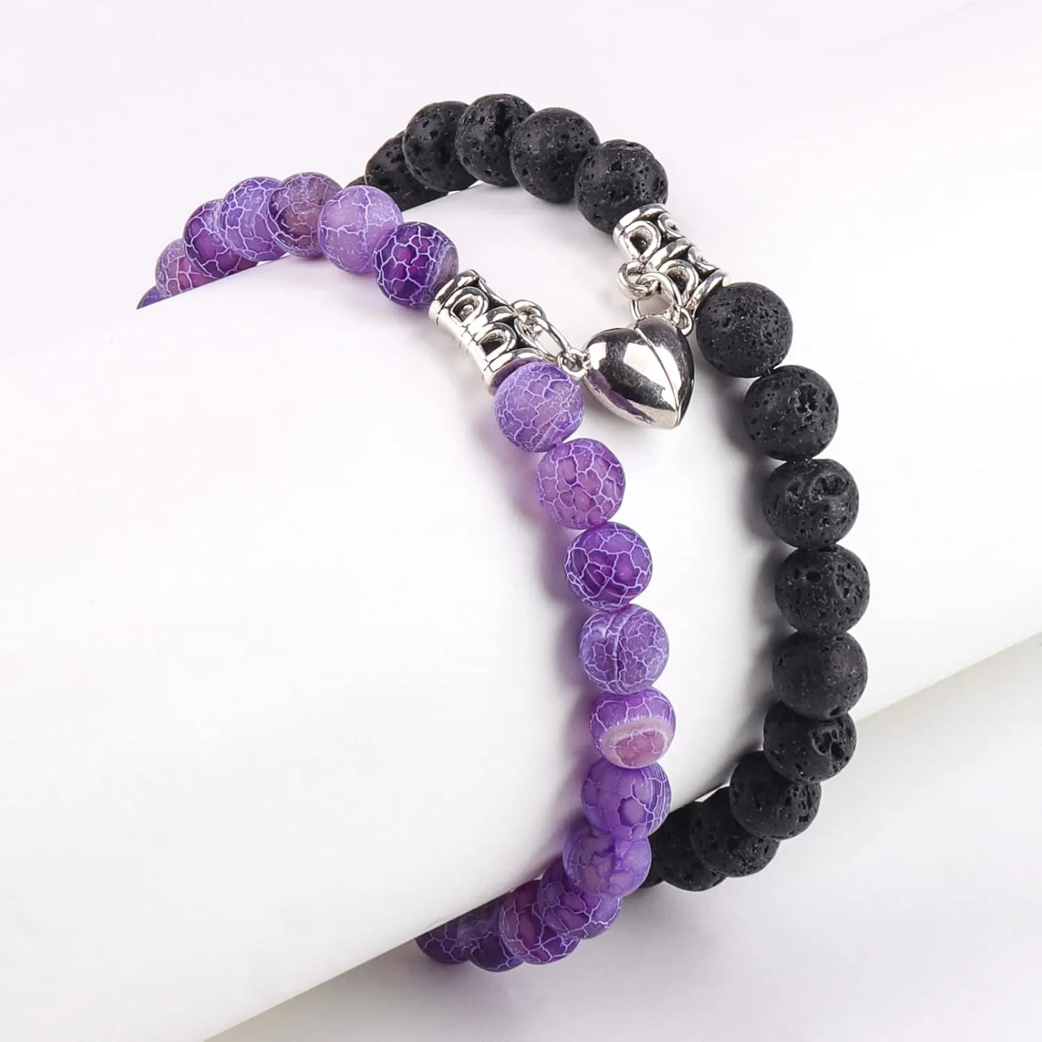 Matching Couple Bracelets Healing Crystal Bracelets for Couples Matching Heart Bracelet for Lover Him & Her Boyfriend Girlfriend Valentine's Day Gifts (Purple Weathered Agate  Black Lava Rock Stone)