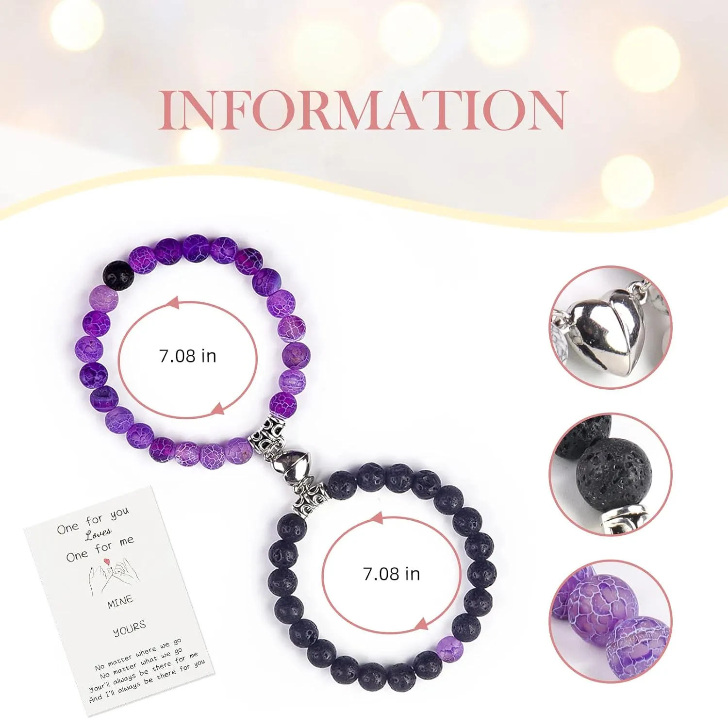 Matching Couple Bracelets Healing Crystal Bracelets for Couples Matching Heart Bracelet for Lover Him & Her Boyfriend Girlfriend Valentine's Day Gifts (Purple Weathered Agate  Black Lava Rock Stone)