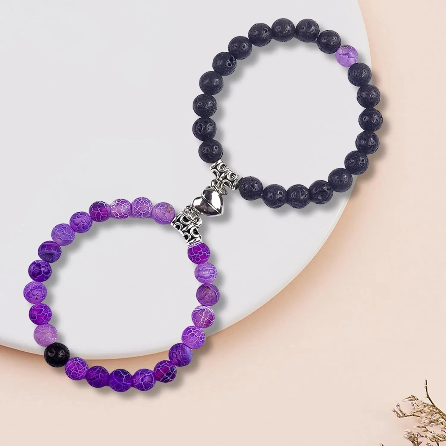 Matching Couple Bracelets Healing Crystal Bracelets for Couples Matching Heart Bracelet for Lover Him & Her Boyfriend Girlfriend Valentine's Day Gifts (Purple Weathered Agate  Black Lava Rock Stone)