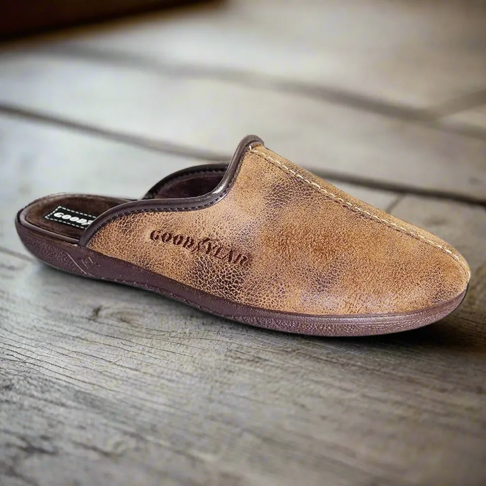 Mens Bedroom Slippers Brown Mule Goodyear Tees Slip On