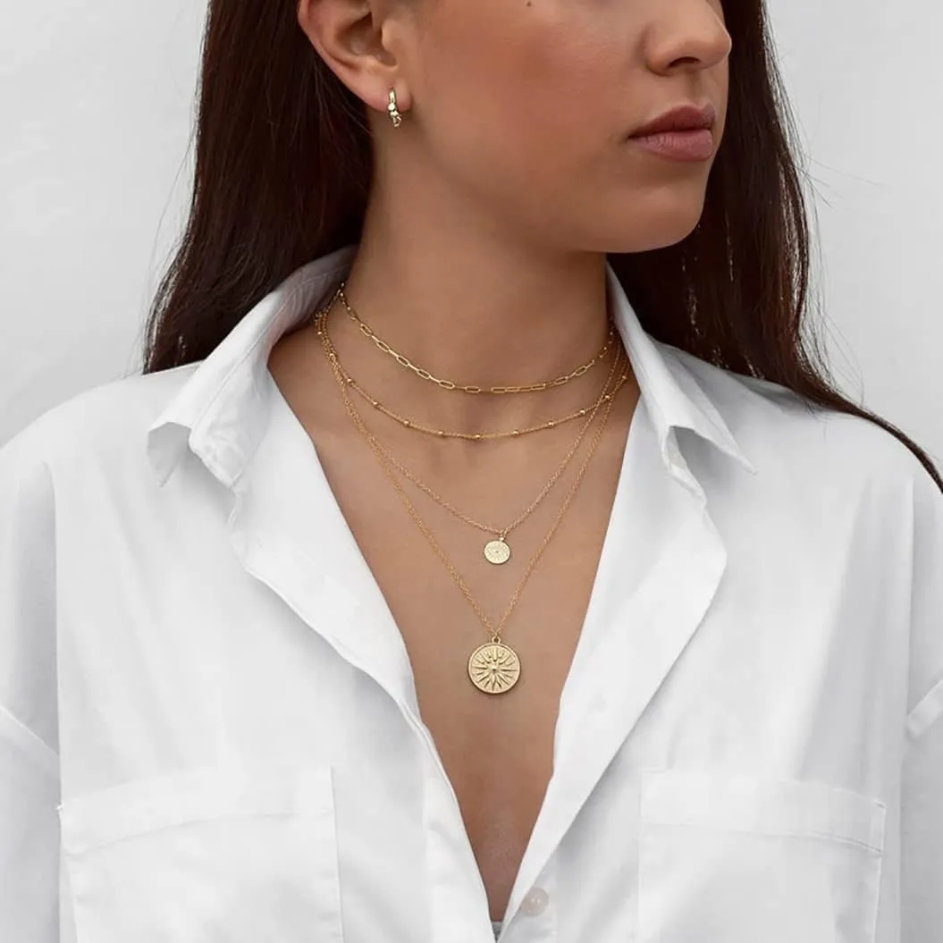 MIDEEO 14K Gold Leaf Pendant Necklaces for Women Dainty Sun Coin Choker Medallion Moon Star Necklace Minimalist Jewelry