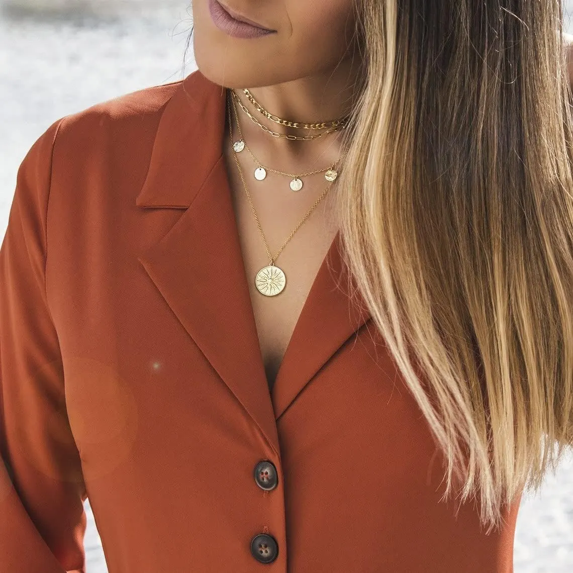 MIDEEO 14K Gold Leaf Pendant Necklaces for Women Dainty Sun Coin Choker Medallion Moon Star Necklace Minimalist Jewelry