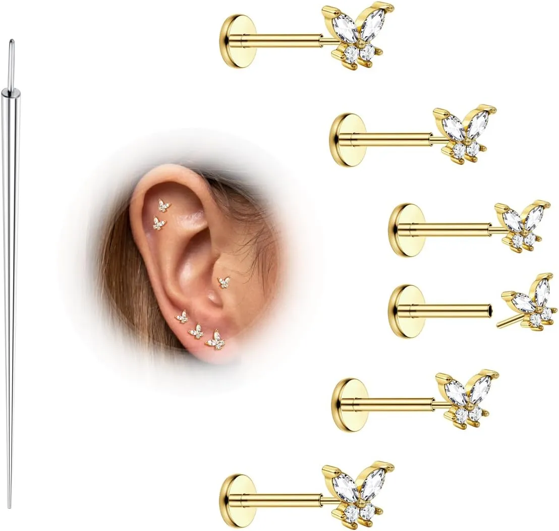 MILACOLATO 20G Threadless Flat Back Earrings Studs Hypoallergenic 316L Surgical Steel Push in Nose Rings 14K Gold Plated Nose Rings Studs Tragus Medusa Monroe Helix Labret Lip Nostril Cartilage Piercing Jewelry