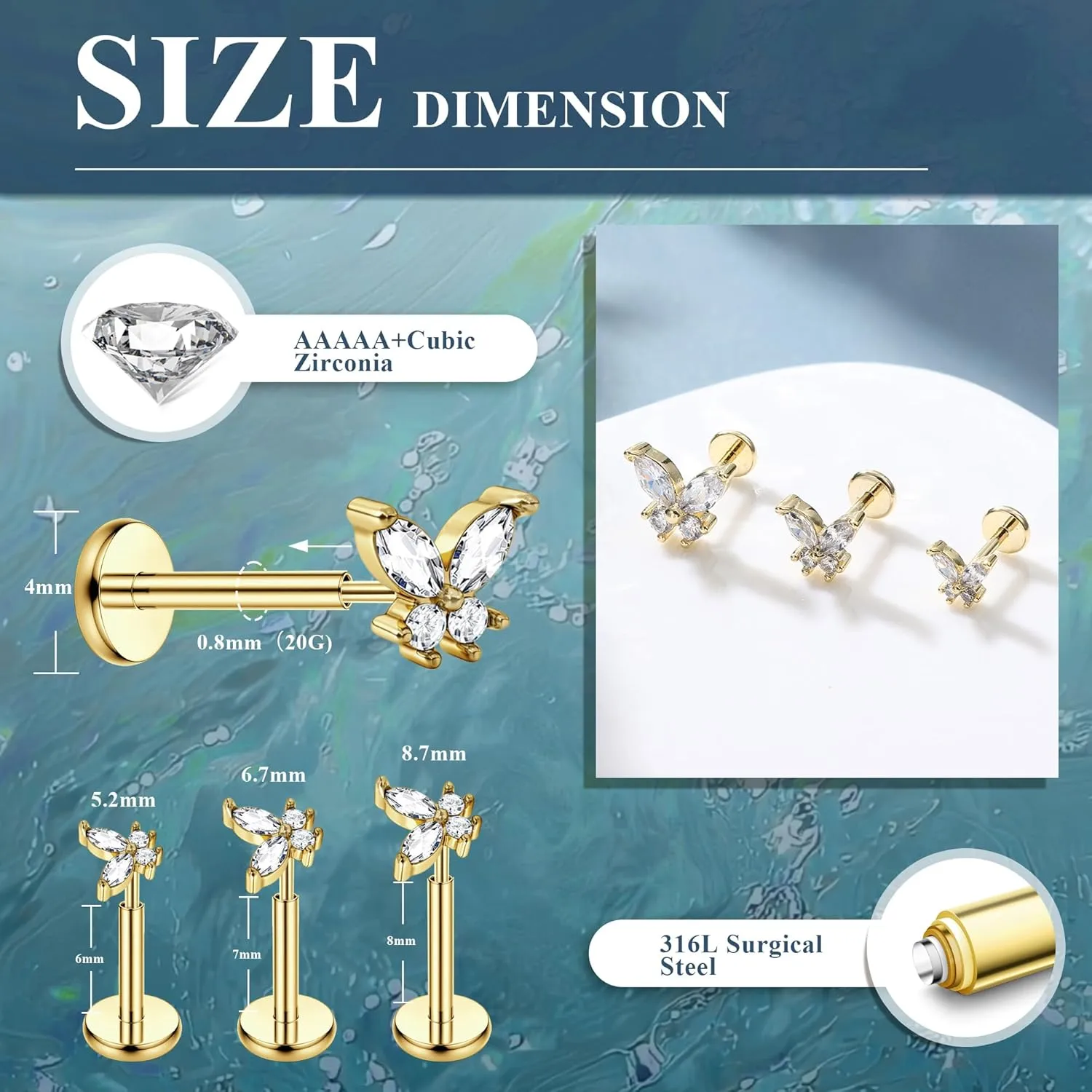 MILACOLATO 20G Threadless Flat Back Earrings Studs Hypoallergenic 316L Surgical Steel Push in Nose Rings 14K Gold Plated Nose Rings Studs Tragus Medusa Monroe Helix Labret Lip Nostril Cartilage Piercing Jewelry