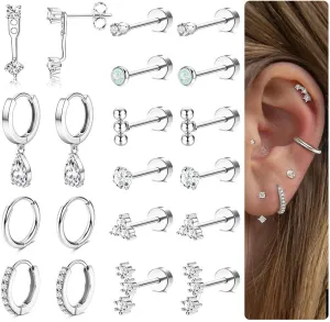 MILACOLATO Hypoallergenic Flat Back Earrings Gold Cartilage Earring Sets for Multiple Piercing 20G Surgical Stainless Steel Earrings for Women Trendy Earring Stacks Small Hoop Flatback Stud Earrings