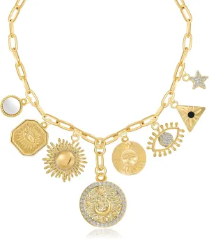 MISS RIGHT Dainty Gold Evil Eye Hamsa Hand Coin Lucky Charm Pendant Necklace for Women Trendy Vintage Paperclip Chain Sun Moon Clover Flower Chunky Charm Necklace Jewelry Gifts