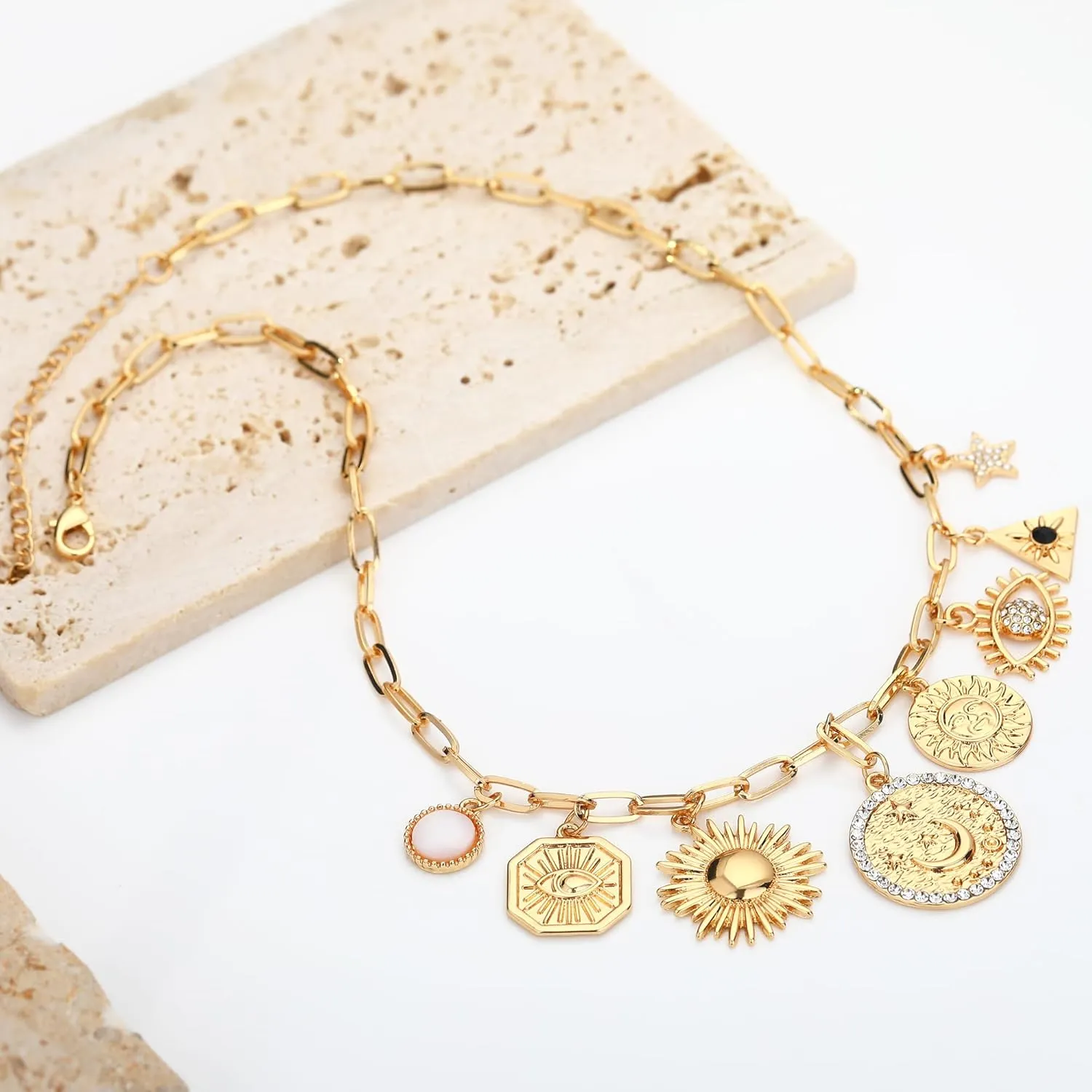 MISS RIGHT Dainty Gold Evil Eye Hamsa Hand Coin Lucky Charm Pendant Necklace for Women Trendy Vintage Paperclip Chain Sun Moon Clover Flower Chunky Charm Necklace Jewelry Gifts
