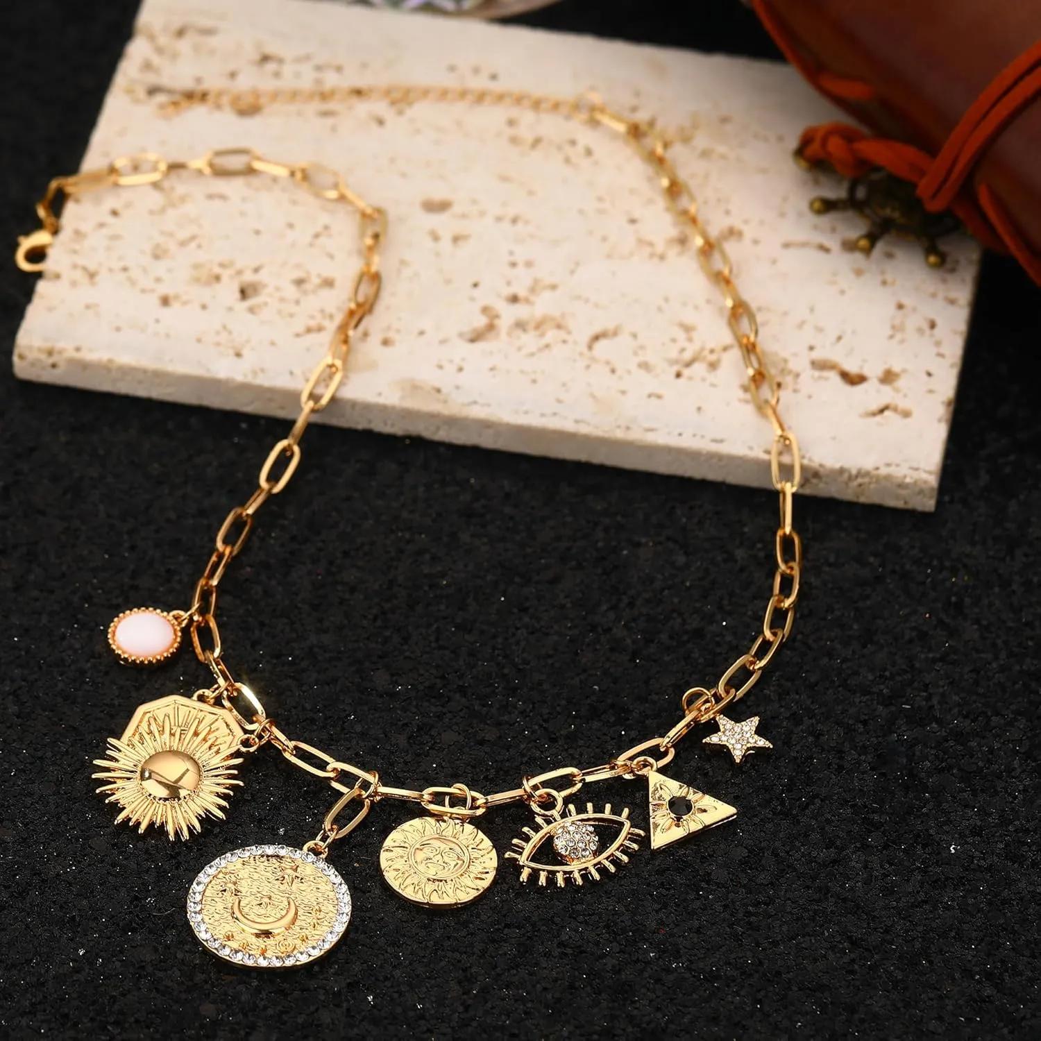 MISS RIGHT Dainty Gold Evil Eye Hamsa Hand Coin Lucky Charm Pendant Necklace for Women Trendy Vintage Paperclip Chain Sun Moon Clover Flower Chunky Charm Necklace Jewelry Gifts