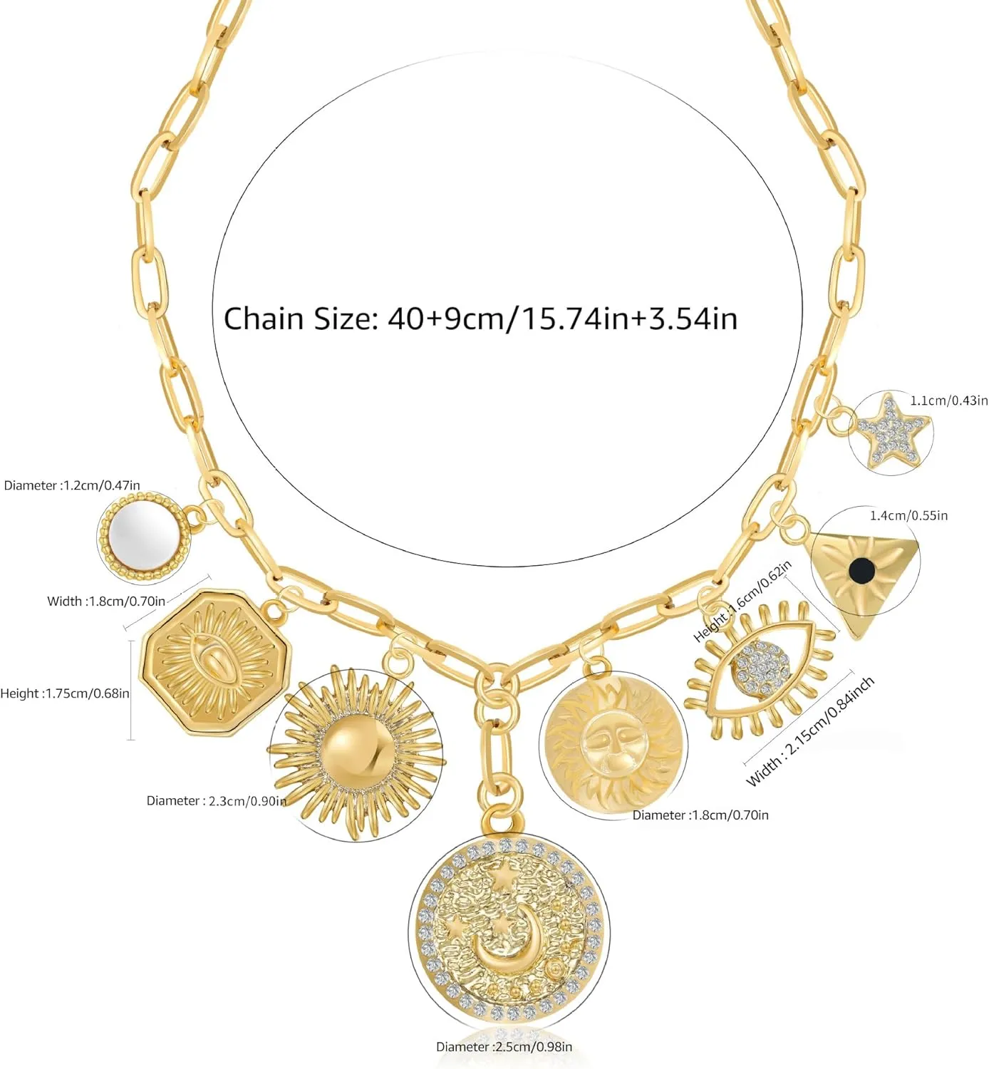 MISS RIGHT Dainty Gold Evil Eye Hamsa Hand Coin Lucky Charm Pendant Necklace for Women Trendy Vintage Paperclip Chain Sun Moon Clover Flower Chunky Charm Necklace Jewelry Gifts