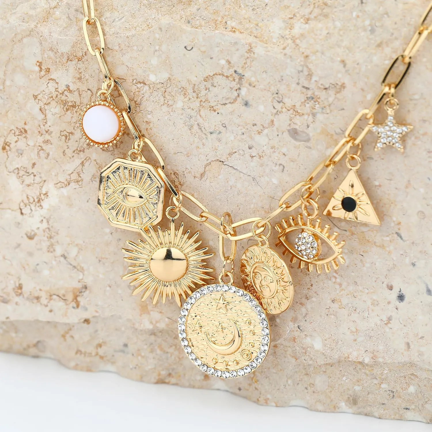 MISS RIGHT Dainty Gold Evil Eye Hamsa Hand Coin Lucky Charm Pendant Necklace for Women Trendy Vintage Paperclip Chain Sun Moon Clover Flower Chunky Charm Necklace Jewelry Gifts