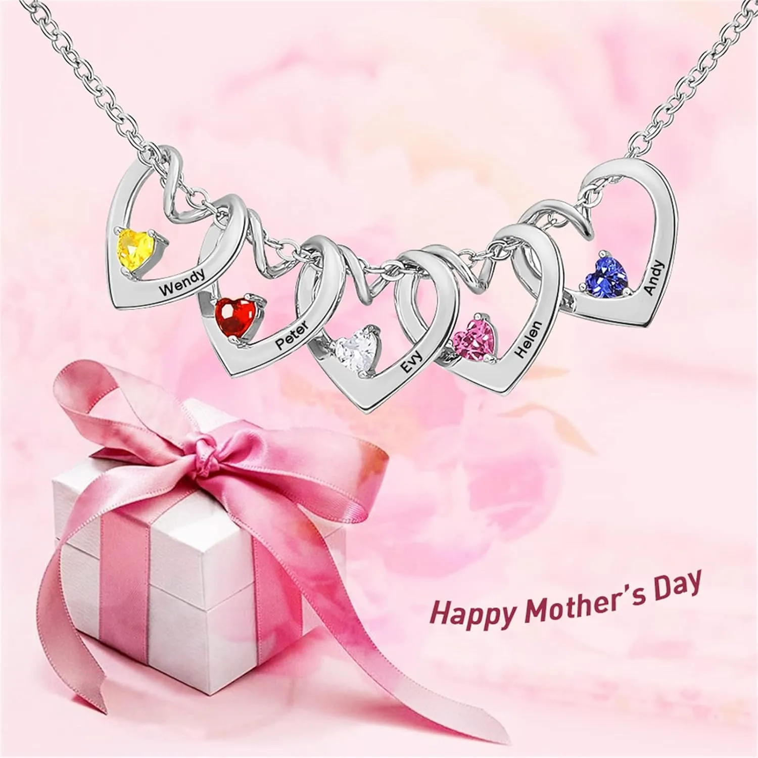 MissNaNa Mom Gift Personalized Mother Necklace with 1-6 Birthstones & Engraved Names Custom Family Necklace Heart Name Necklaces for Mother's Day