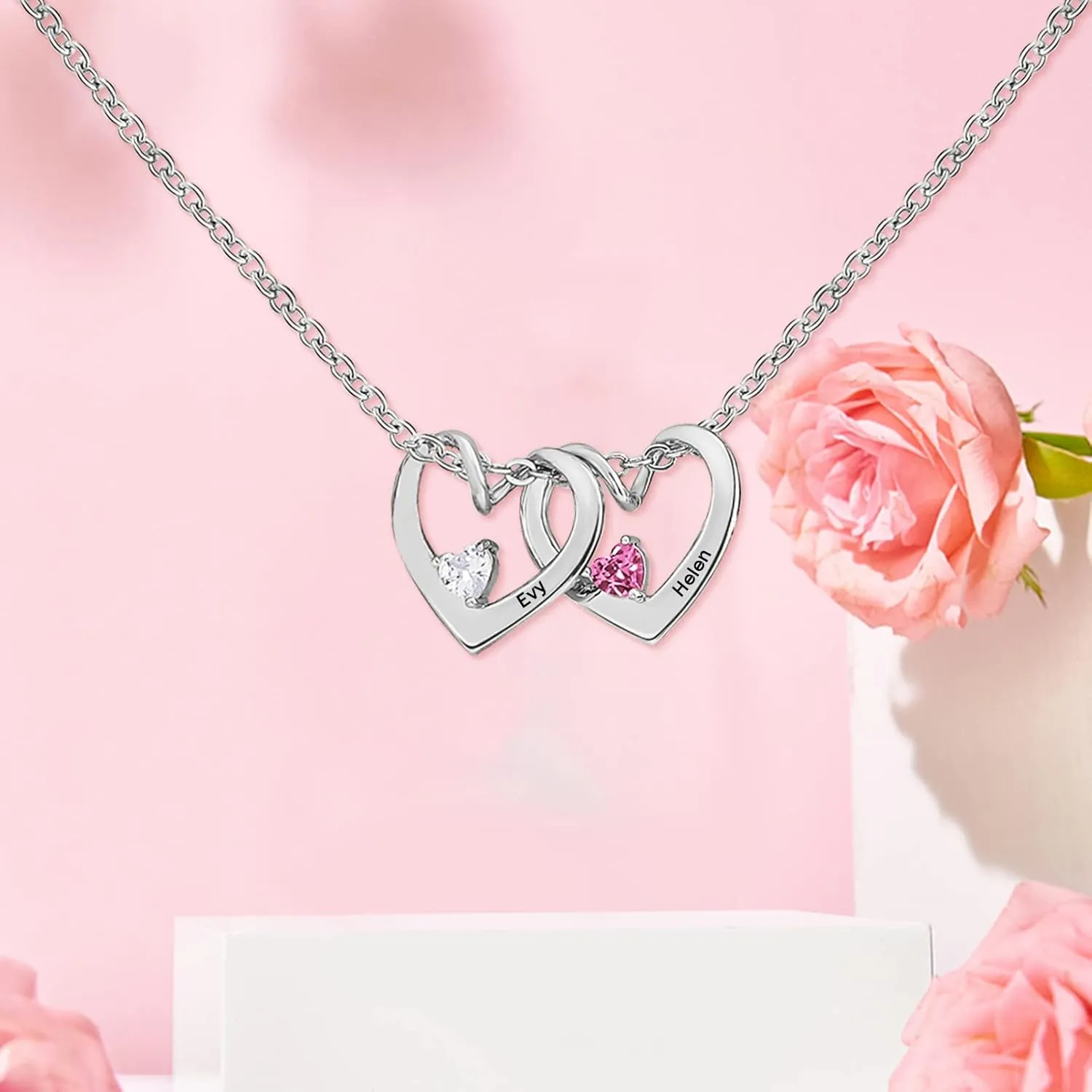 MissNaNa Mom Gift Personalized Mother Necklace with 1-6 Birthstones & Engraved Names Custom Family Necklace Heart Name Necklaces for Mother's Day