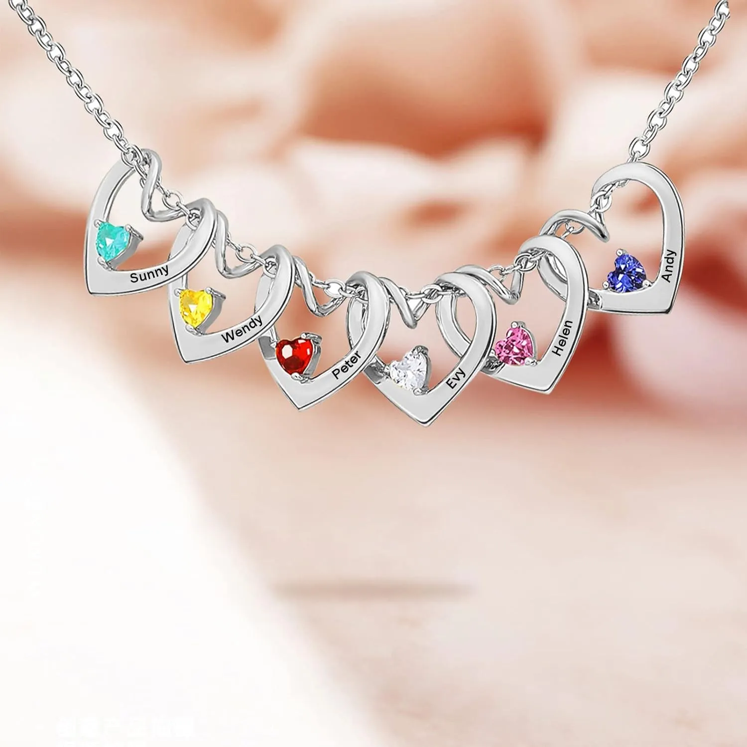MissNaNa Mom Gift Personalized Mother Necklace with 1-6 Birthstones & Engraved Names Custom Family Necklace Heart Name Necklaces for Mother's Day