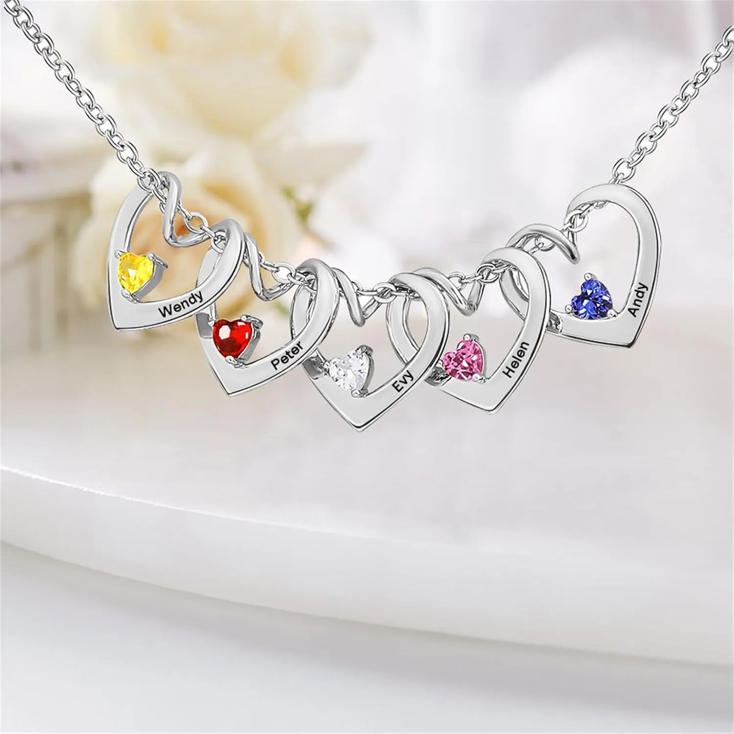 MissNaNa Mom Gift Personalized Mother Necklace with 1-6 Birthstones & Engraved Names Custom Family Necklace Heart Name Necklaces for Mother's Day