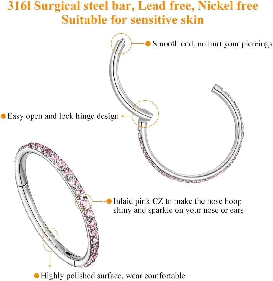 MissNity 20G, 18G, 16G, 14G Hinged Nose Rings Hoop with Gem in 316L Surgical Steel, Septum Clicker Cartilage Earrings Conch Daith Helix Rook Ear Lobe Piercing Jewelry, Diameter 6mm to 12mm