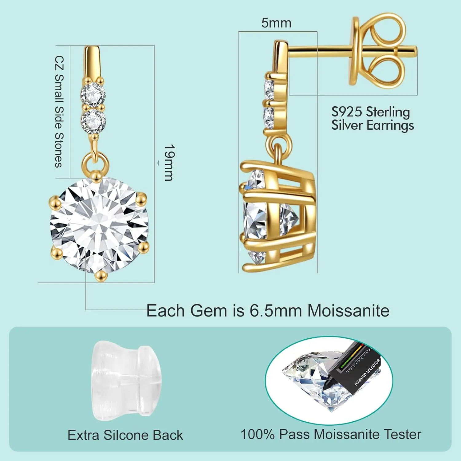 Moissanite Dangle Stud Earrings for Men Women, 2-4CT White Gold Plated 925 Sterling Silver Moissanite Drop Earrings, Jewelry Present for Her Mother Mom Wife (Yellow Gold Plated, 2ct pair/ 1ct each)