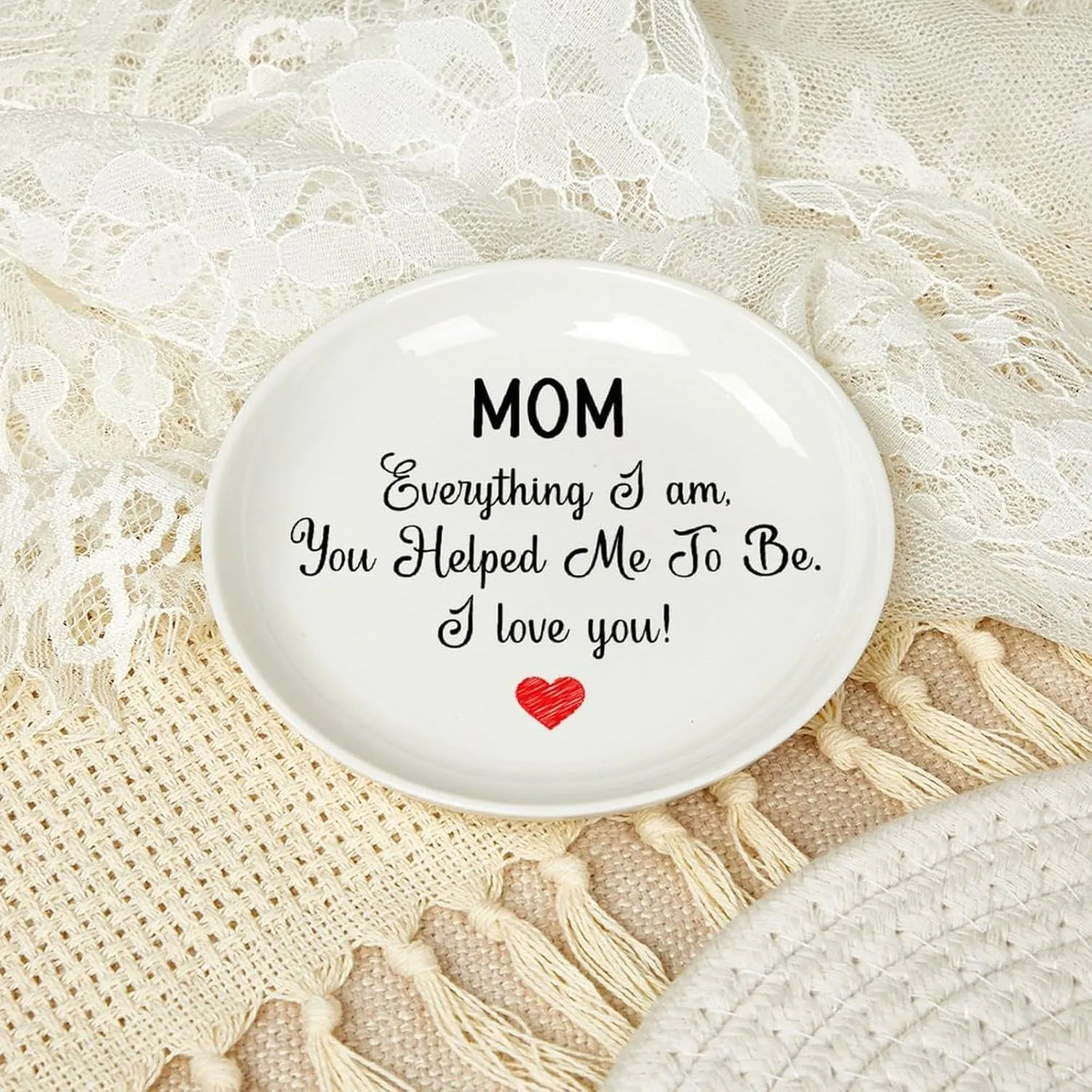 Mom I Love You Jewelry Tray Trinket Dish for Ring Necklaces Bracelet Ceramic Ring Holder Birthday Gifts for Women Mom Mother Round 4"