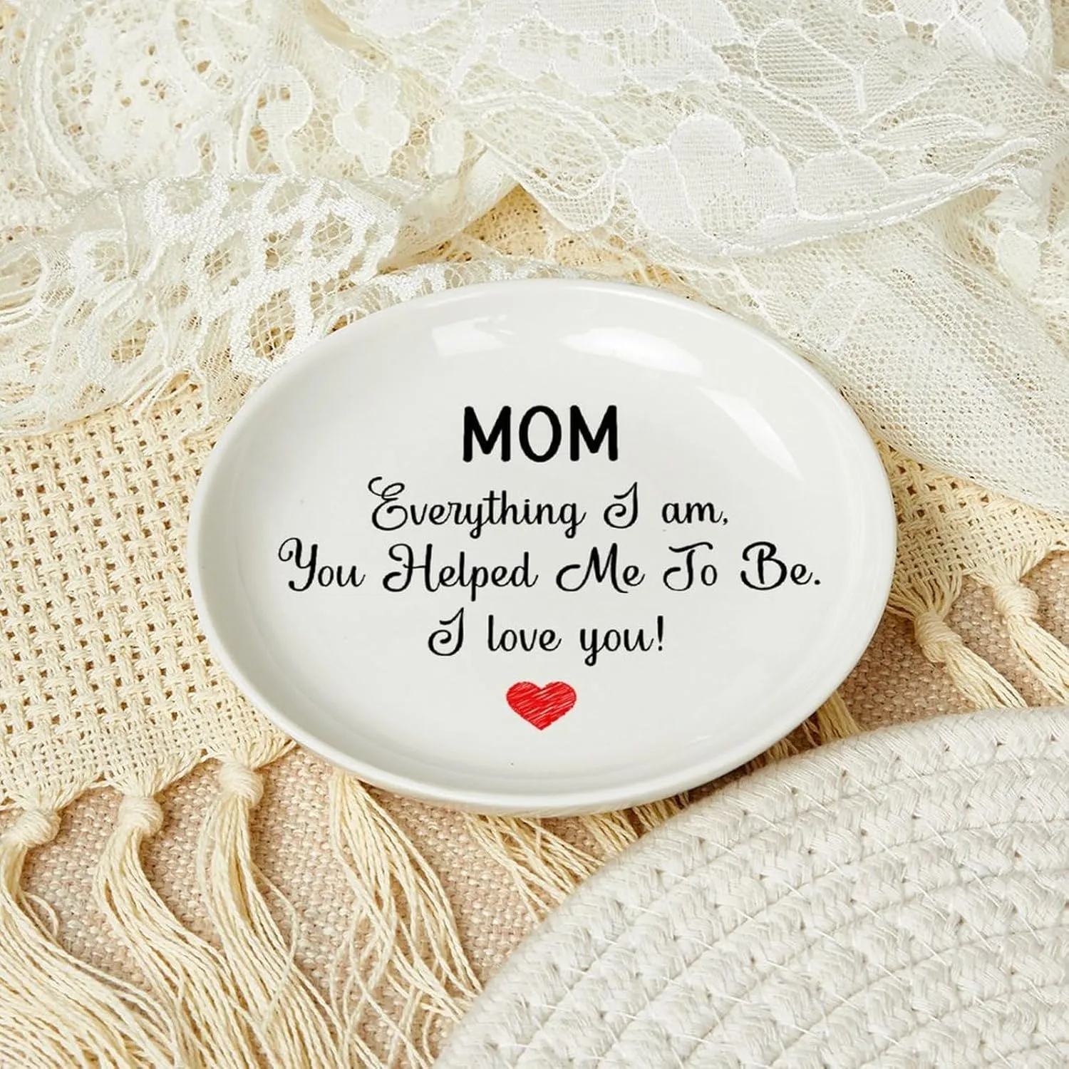 Mom I Love You Jewelry Tray Trinket Dish for Ring Necklaces Bracelet Ceramic Ring Holder Birthday Gifts for Women Mom Mother Round 4"