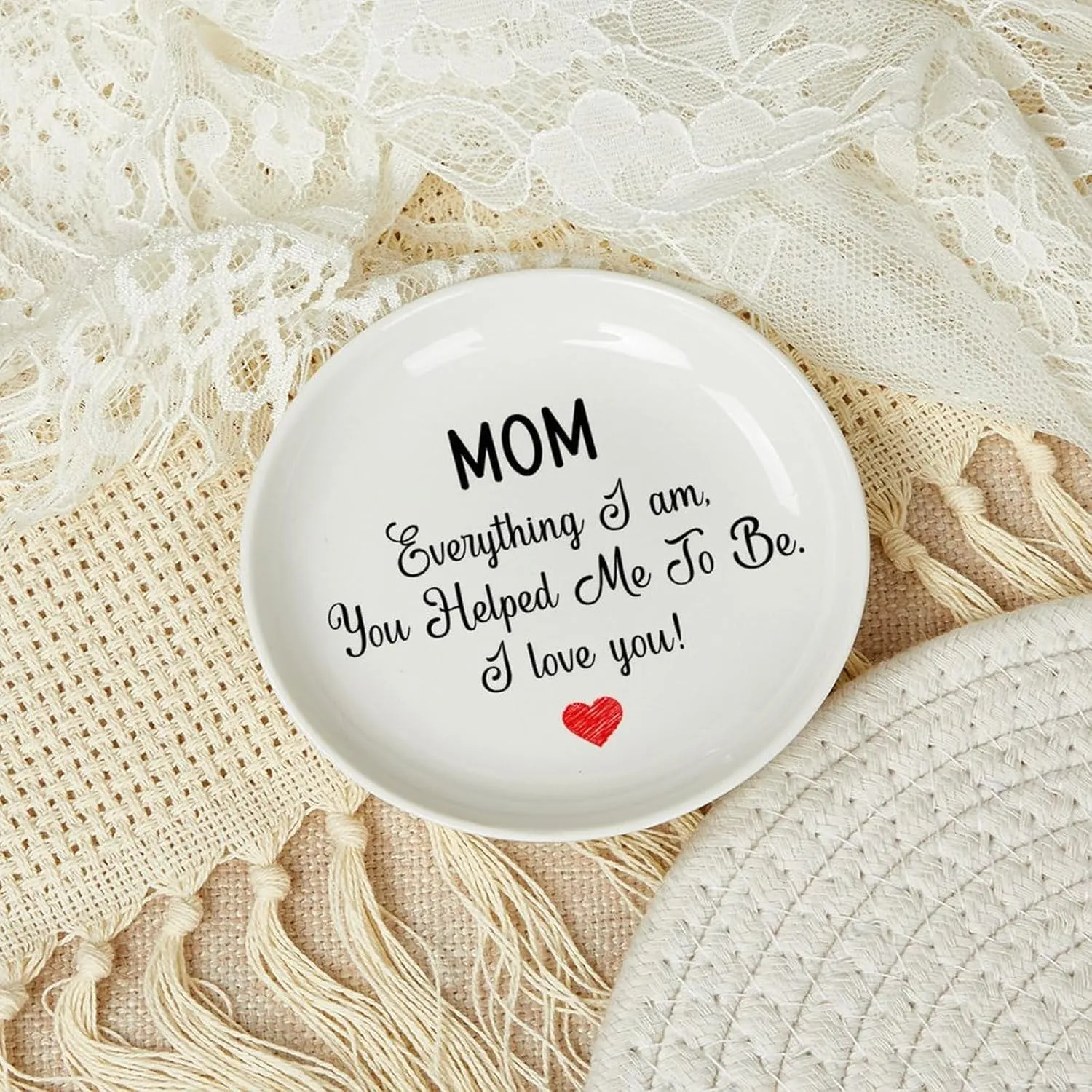 Mom I Love You Jewelry Tray Trinket Dish for Ring Necklaces Bracelet Ceramic Ring Holder Birthday Gifts for Women Mom Mother Round 4"