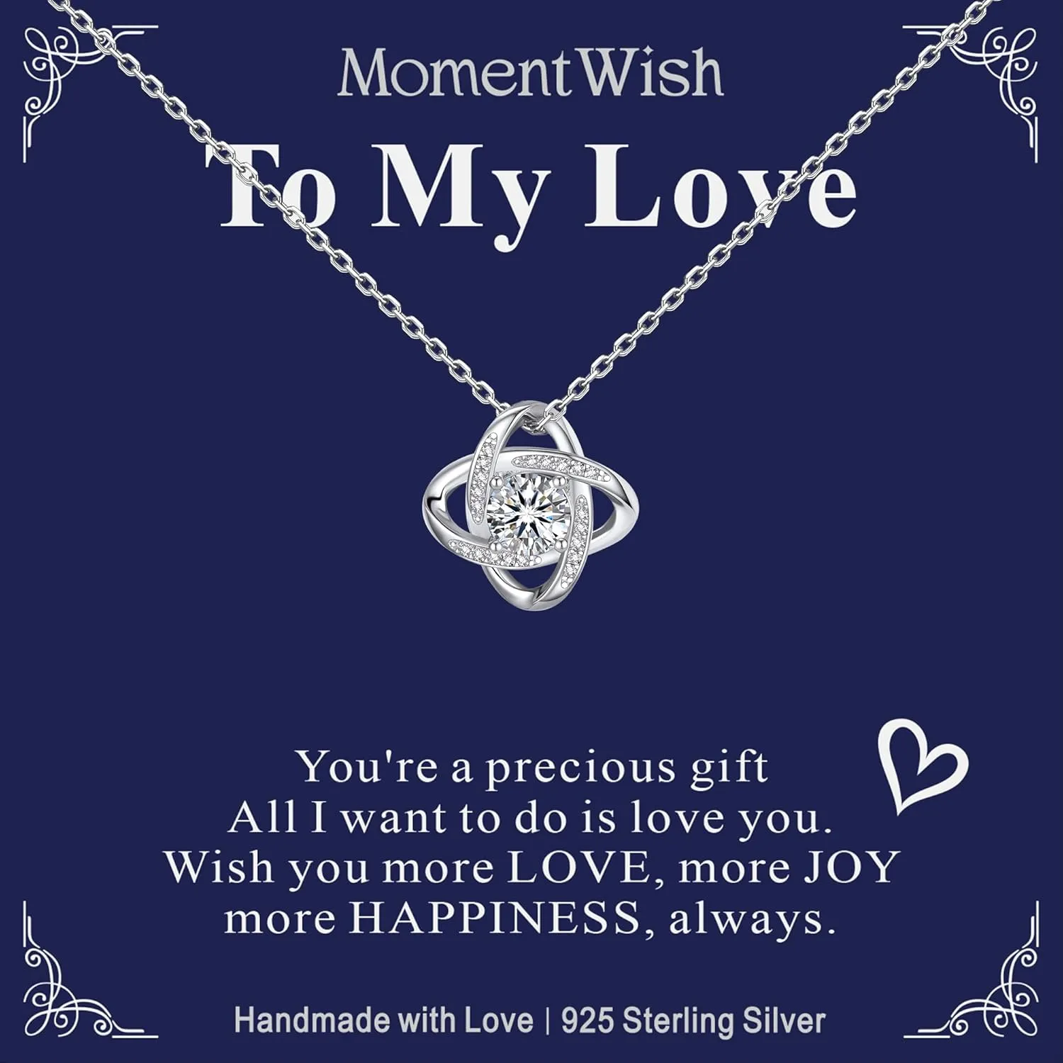 MomentWish Love Knot Necklace, Mother's Day Gift for Women, 1 Carat Simulated Moissanite Necklaces for Women 925 Sterling Silver Pendant for Wife Birthday Anniversary Christmas Gifts