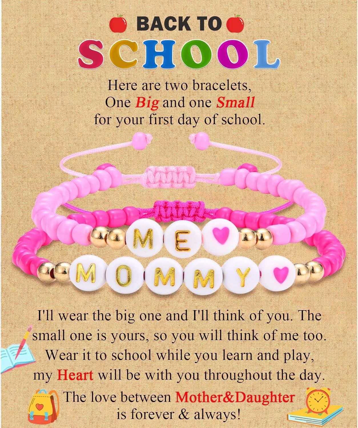 MOMMY& ME Back to School/First Day of School Bracelet Gifts, First Day of Kindergarten Preschool First/Second Grade Bracelet Gifts, Set of 2 Pink Small Beads Bracelet for Girls
