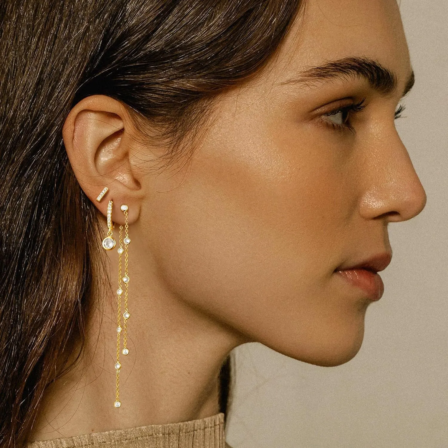 Moodear Gold Dangle Earrings 3/4 Pairs Dainty 14K Gold Plated Chain Earrings for Women Trendy Earring Stacks Set Cubic Zirconia Pearl Hoop Stud Hypoallergenic Earrings for Women Jewelry Gifts