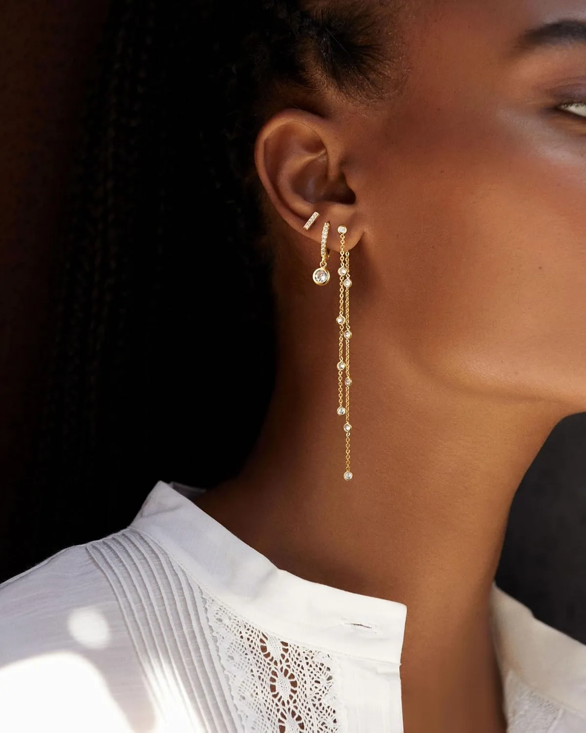 Moodear Gold Dangle Earrings 3/4 Pairs Dainty 14K Gold Plated Chain Earrings for Women Trendy Earring Stacks Set Cubic Zirconia Pearl Hoop Stud Hypoallergenic Earrings for Women Jewelry Gifts