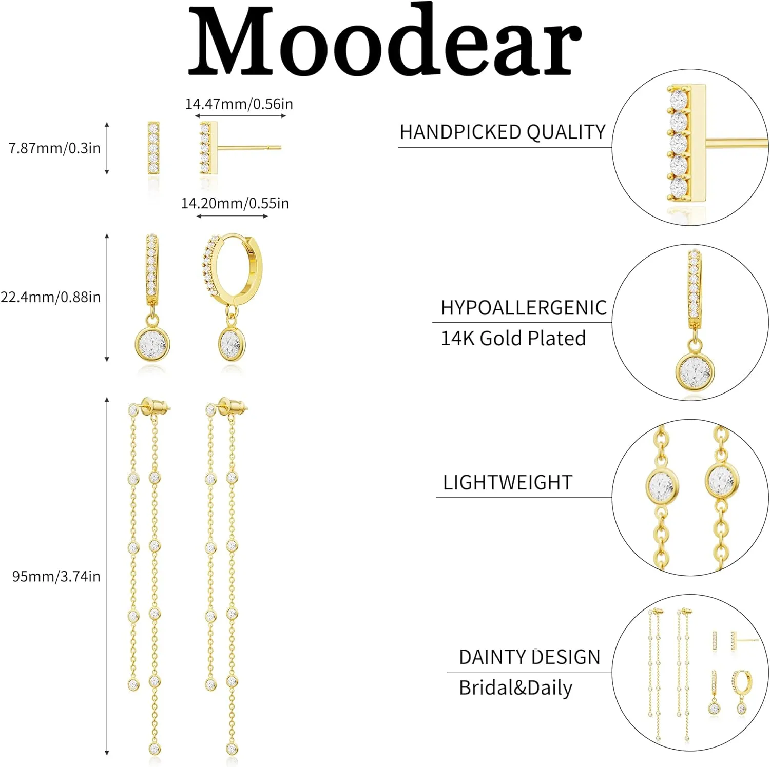Moodear Gold Dangle Earrings 3/4 Pairs Dainty 14K Gold Plated Chain Earrings for Women Trendy Earring Stacks Set Cubic Zirconia Pearl Hoop Stud Hypoallergenic Earrings for Women Jewelry Gifts