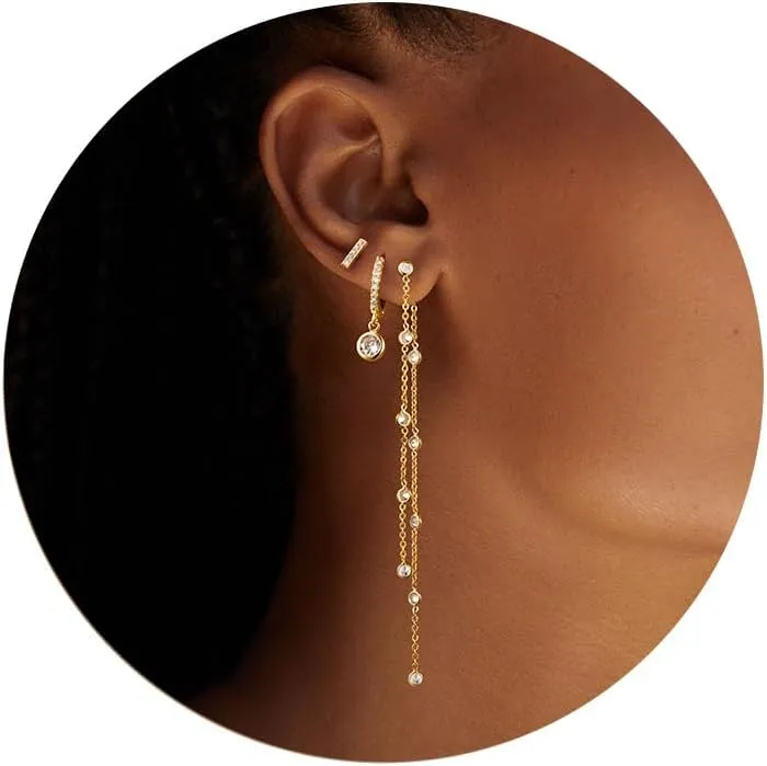 Moodear Gold Dangle Earrings 3/4 Pairs Dainty 14K Gold Plated Chain Earrings for Women Trendy Earring Stacks Set Cubic Zirconia Pearl Hoop Stud Hypoallergenic Earrings for Women Jewelry Gifts