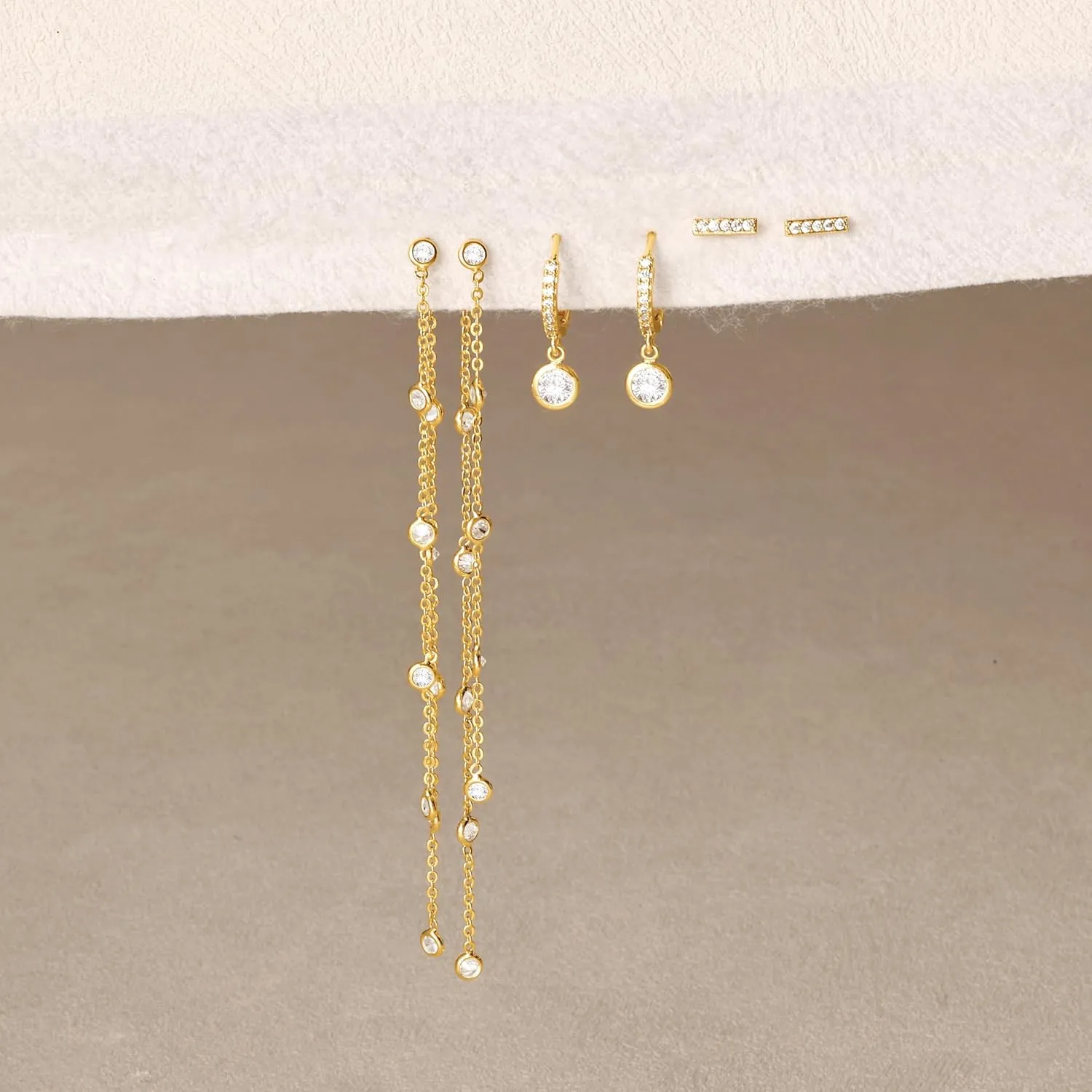 Moodear Gold Dangle Earrings 3/4 Pairs Dainty 14K Gold Plated Chain Earrings for Women Trendy Earring Stacks Set Cubic Zirconia Pearl Hoop Stud Hypoallergenic Earrings for Women Jewelry Gifts