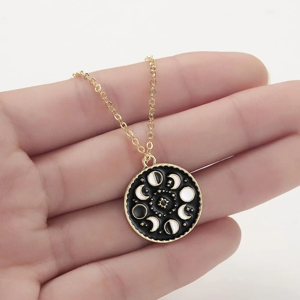 Moon Phase Black Necklace For Women Glow In The Dark Glowing Luminous Enamel Vintage Crescent Pendant Necklaces