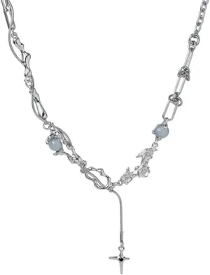 Moonstone Necklace Y2k Star Necklaces for Women,Fashion Star Irregular Cross Pendant Charm Choker for Woman Cute Jewlery Gify