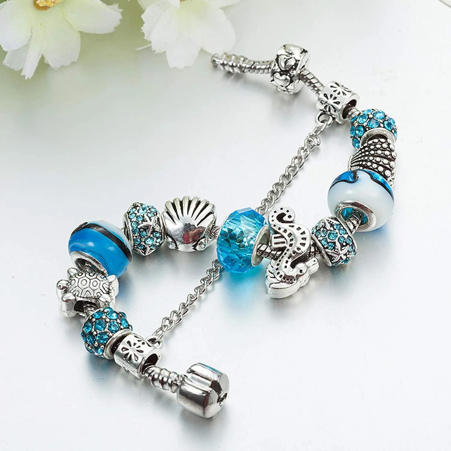 MUERDOU Mother Charms Bracelet for Women Murano Glass Beads Butterfly Flower Charms Amethyst Bracelets