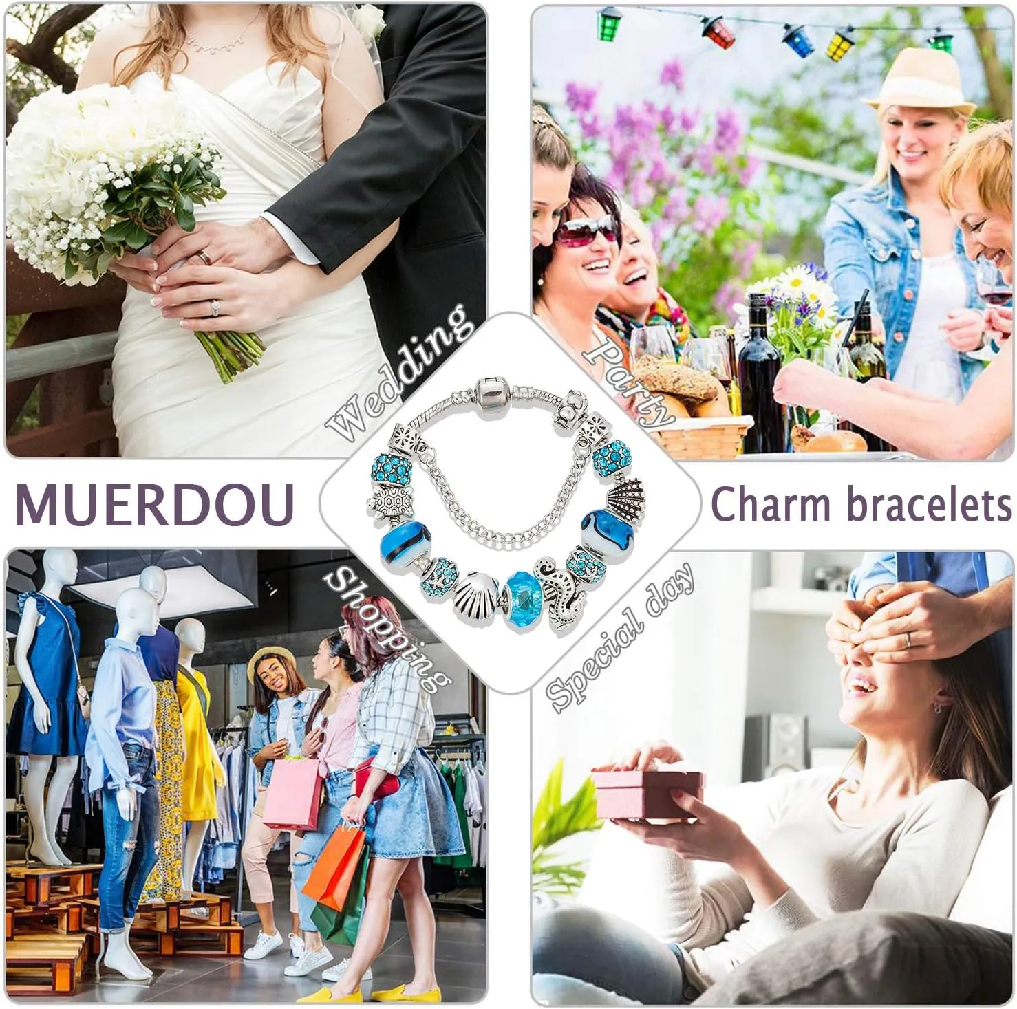 MUERDOU Mother Charms Bracelet for Women Murano Glass Beads Butterfly Flower Charms Amethyst Bracelets