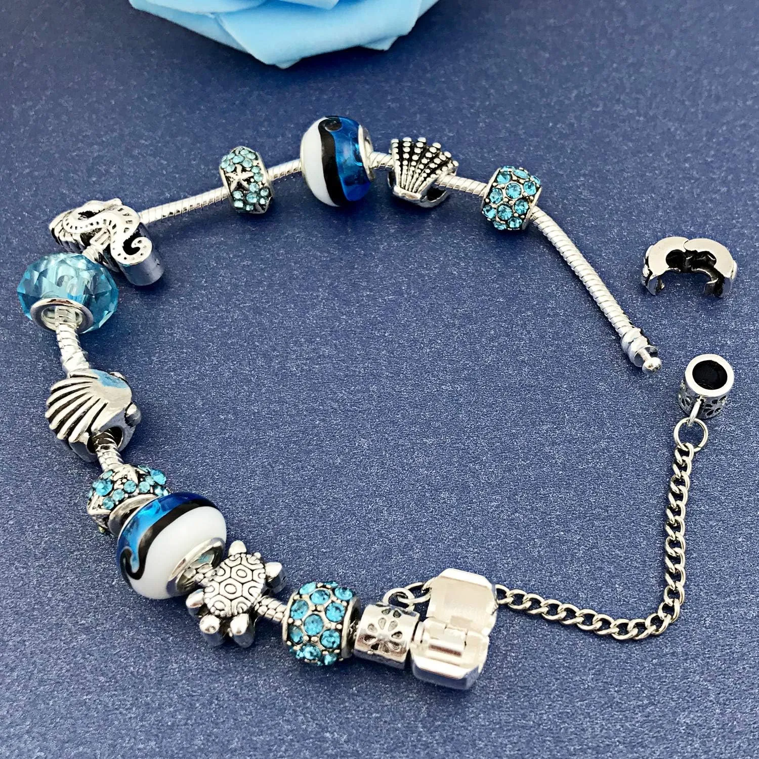 MUERDOU Mother Charms Bracelet for Women Murano Glass Beads Butterfly Flower Charms Amethyst Bracelets