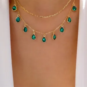Multilayered Green Stone Water Drop Alloy Necklace