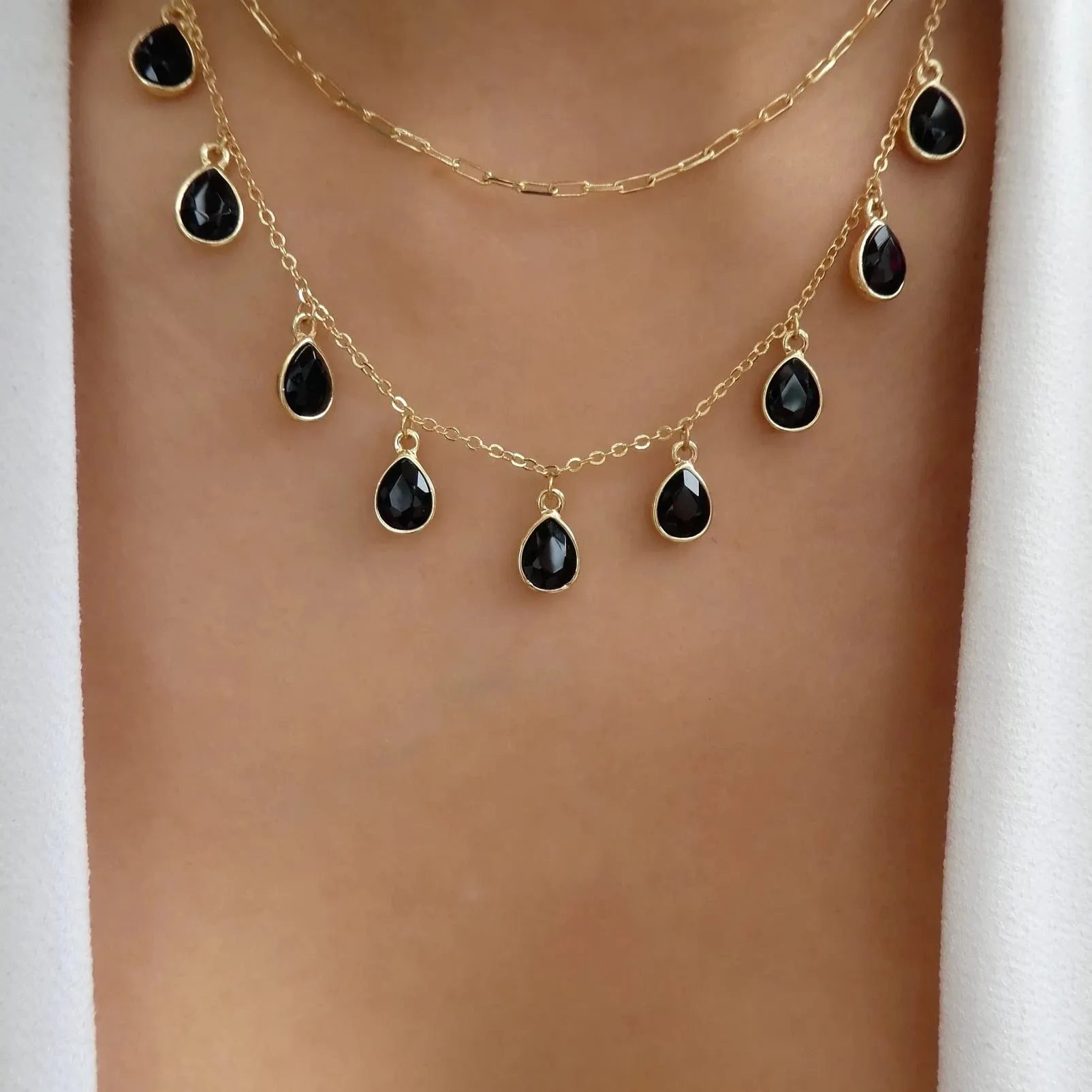 Multilayered Green Stone Water Drop Alloy Necklace
