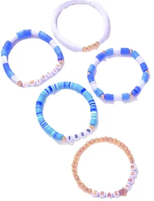 Music Era Album Bracelet Set | 5 Stretchy Bead Friendship Bracelets & 10 Surprise Stickers | Gift for Concert Tour Music Lover Fans | Bracelet Stack | Gifts for Girls (Era Blue)